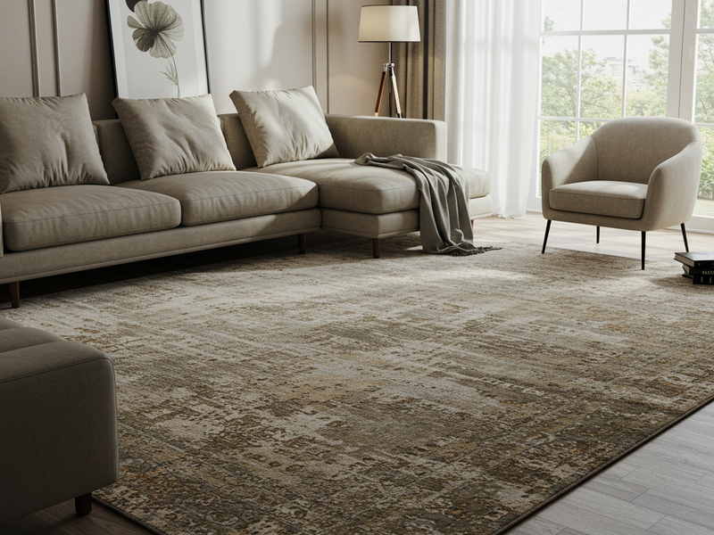 Distressed area rug in a living room