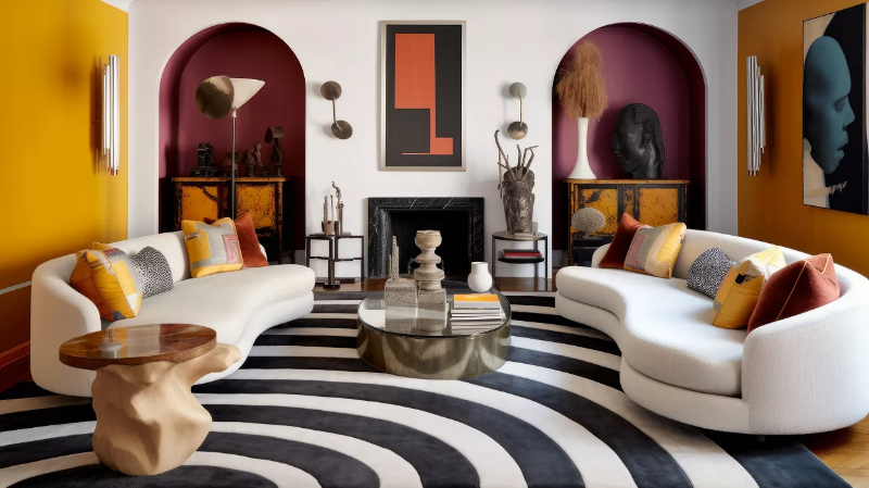 Maximalist home with bold striped area rug