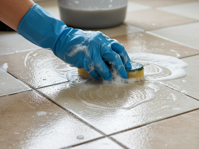Scrubbing a tile floor