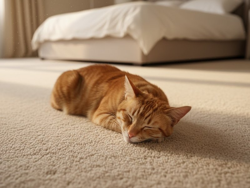 Cat sleeping on a durable carpet floor in a living room